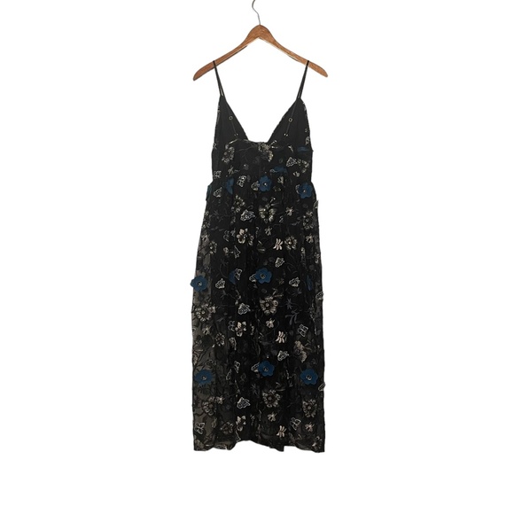 For Love & Lemons Botanic Appliqué Blue Black Sequin Sheer Midi Dress Size M - Picture 2 of 6